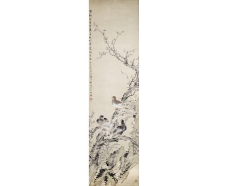 DING BAOSHU (1865-1935)Pigeons and turtle dovesInk and pigment on paper, signed, with a colophon including a date of 1929 and