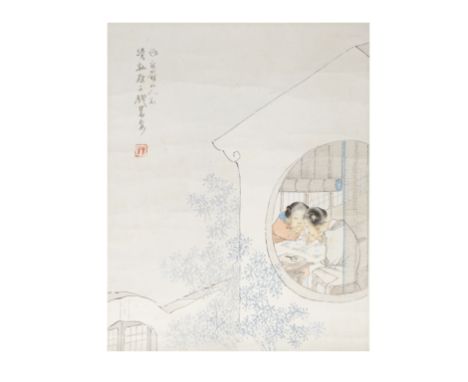 QIAN HUIAN (1833 – 1911)Ladies embroideringInk and pigment on paper, inscribed, signed, with red seal of the artist.26.5cm (1