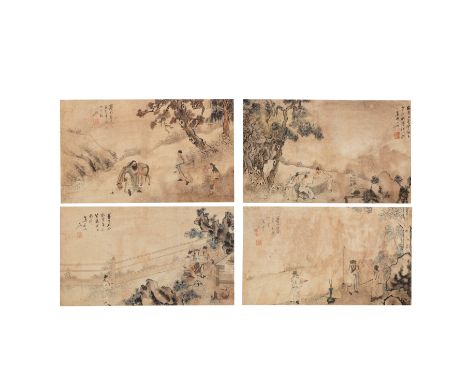 SU LIUPENG (1791-1862)Scholars gathering in gardensInk and pigment on paper, a set of four leaves, each inscribed with a colo