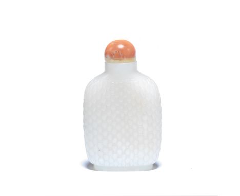 A WHITE JADE 'BASKET WEAVE' SNUFF BOTTLE18th/19th centuryOf flattened rounded rectangular form, finely carved overall to simu