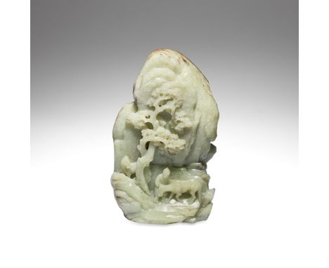 A JADE BOULDER CARVING19th/20th centuryCarved in relief with a gentleman tending his horse, a further horse standing behind a