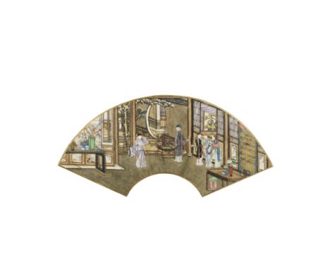 ANONYMOUS (19TH CENTURY)Domestic sceneGouache on paper, fan leaf, mounted, framed and glazed.45cm (17 3/4in) wideFor further 