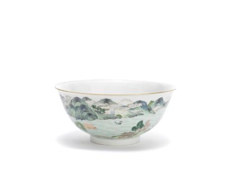 A FAMILLE ROSE 'LANDSCAPE' BOWLJiaqing seal mark, Qing DynastyThe everted sides delicately enamelled with a view of Sudi, a m