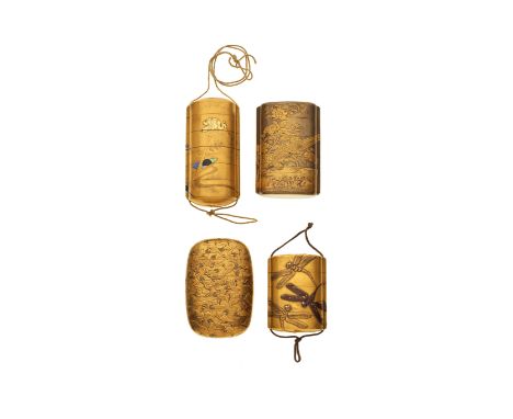A GROUP OF FOUR LACQUER INRO19th centuryVariously decorated in gold, coloured lacquer and mother-of-pearl with dragonflies, a