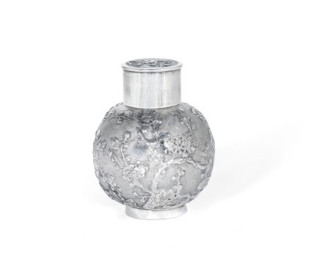 AN EXPORT SILVER 'PRUNUS' TEA CADDY AND COVERBy Yu Ji for Wang Hing &amp; Co., Hong Kong, late 19th/early 20th century Decora