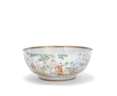 A LARGE FAMILLE ROSE EXPORT 'GARDEN PARTY' PUNCH BOWLQianlongFinely painted to the exterior in vibrant famille rose enamels w