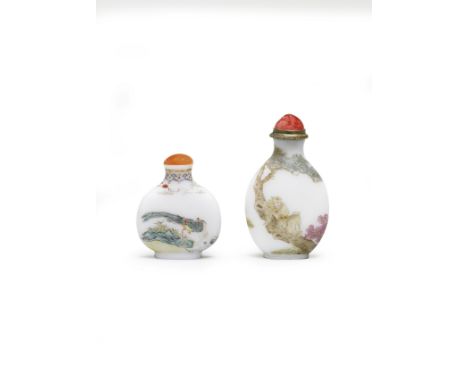 TWO ENAMELLED GLASS SNUFF BOTTLESLate Qing DynastyBoth opaque-white glass bottles of flattened form  enamelled on both sides;