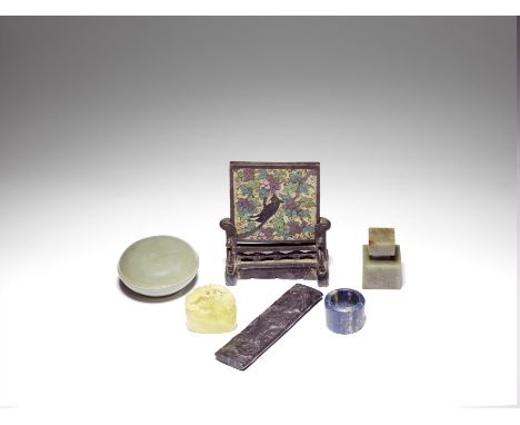 A JADE SQUARE SEAL AND A VARIED GROUP OF SCHOLARS' OBJECTSQing DynastyComprising: a jade seal paste box and cover, incised Qi