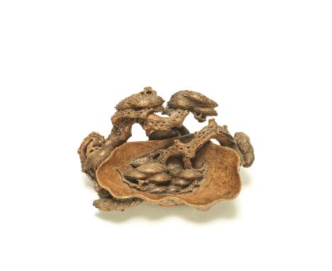 A SMALL BAMBOO ROOT 'PINE' WASHER18th/19th centuryThe shallow vessel supported and surrounded by gnarled pine branches, the n