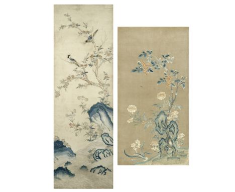 TWO SILK EMBROIDERED PANELS18th/19th centuryOne depicting two birds perched in the branches of a blossoming and fruiting pome