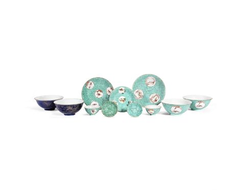 A GROUP OF 'TURQUOISE-MATRIX' GROUND VESSELS; AND TWO GILT-DECORATED BLUE GROUND BOWLSLate Qing DynastyThe first group compri