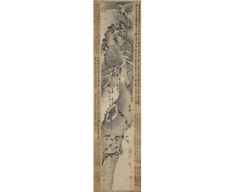 ANONYMOUS (19TH/20TH CENTURY)Pine tree and wisteriaInk on paper, with eleven red seals, flanked with six colophons, mounted a