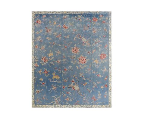 A TURQUOISE GROUND 'PHOENIX AND DEER' PEKING-KNOT SILK PANEL19th centuryThe turquoise silk ground embroidered in Peking knot 