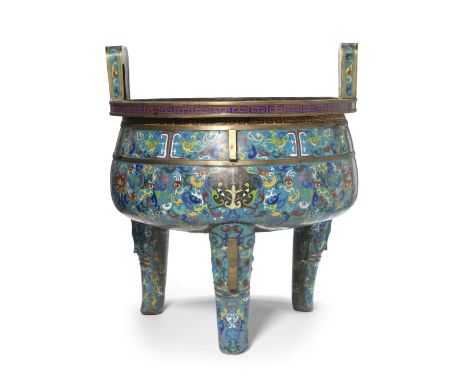 A MASSIVE CLOISONNÉ ENAMEL TRIPOD INCENSE BURNER, DINGLate Qing DynastyThe enormous vessel enamelled with taotie masks, styli