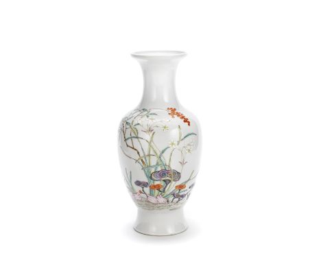 A FAMILLE ROSE 'LINGZHI' BALUSTER VASEQianlong seal mark, early 20th century The thinly potted vessel enamelled on the balust