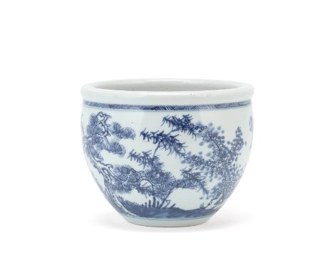 A BLUE AND WHITE 'THREE FRIENDS OF WINTER' DEEP BOWLEarly 18th centuryThe thickly potted vessel painted with a wintry scene o