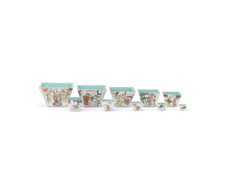 A FAMILLE ROSE SET OF NESTING CUPSJiaqing seal marks and of the periodComprising ten graduating square cups, variously decora