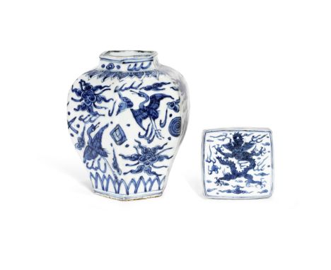 A BLUE AND WHITE HEXAGONAL 'CRANES' JAR AND A BLUE AND WHITE SQUARE INK STONEMing Dynasty and laterThe first decorated with c