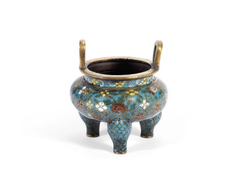 A CLOISONNÉ ENAMEL TRIPOD INCENSE BURNERQianlongThe compressed body decorated with a multitude of leafy flowering stems, supp