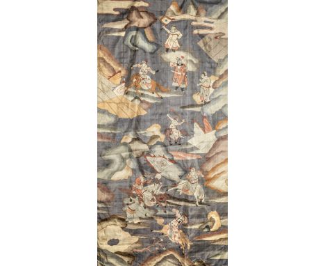 A KESI HANGING PANELCirca 1900Woven in muted tones of grey, cream, aubergine, orange and pink with an animated battle scene o
