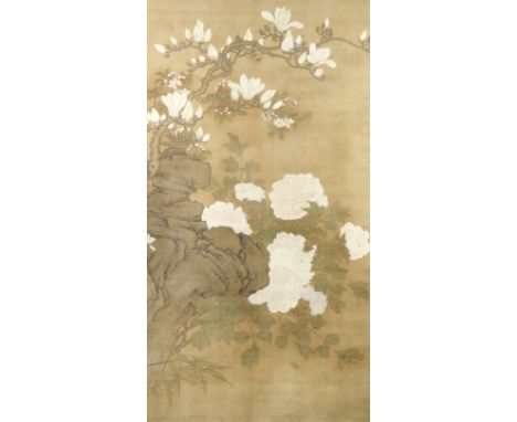 ANONYMOUS (18TH CENTURY)Magnolia and peoniesInk and pigment on silk, mounted as a hanging scroll. 108.5cm (42 3/4in) x 57.8cm