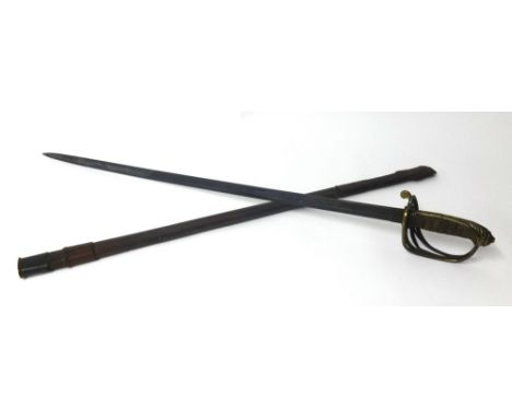 A Geo V Army Officers sword with leather scabbard.