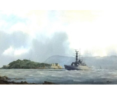 Collection of pictures including Tim Thompson gouache 'Frigate off Drakes Island', Douglas West watercolours and three Donald