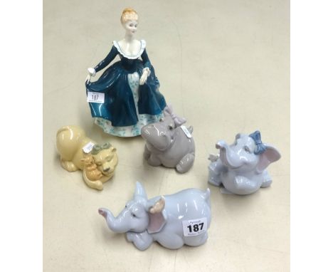 A collection of various Nao animal ornaments and a Royal Doulton figure 'Janine'.