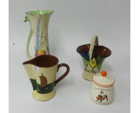 Various items including Devon Pottery, porcelain cups and saucers, after Louis Wain collection of various cat prints, also 19