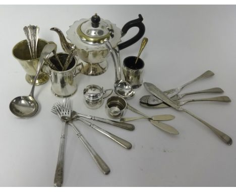Various silver plated wares, teapot, crested spoons, silver mustard pot and small cup etc.