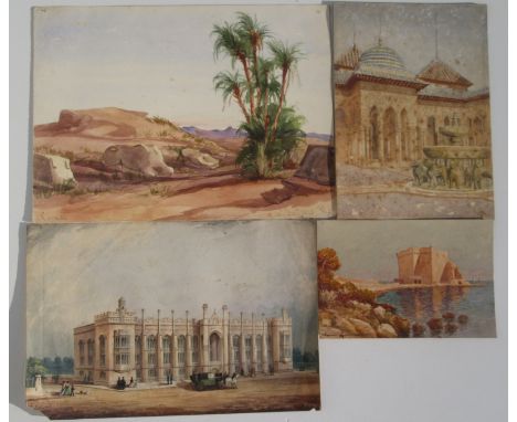Arab buildings, two other topographical watercolours and an English Gothic architectural drawing