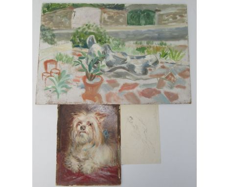 Portrait of a terrier Watercolour Together with an oil of a sculpture in a garden And an old masters drawing