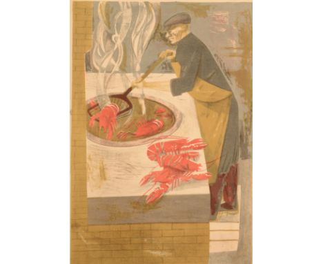 RICHARD PLATTBoiling Lobsters (II) circa 1953Three colour lithograph Signed and inscribed by the artists widow Diane Platt Pa