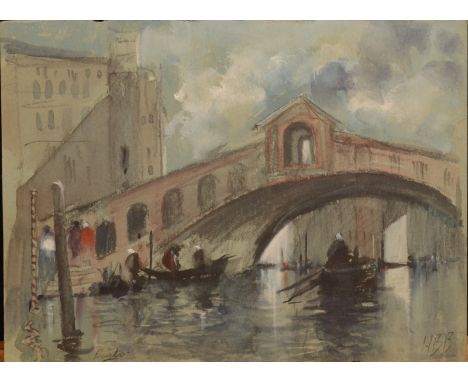 HERCULES BRABAZON BRABAZONThe Rialto Bridge , Venice Watercolour heightened with body colourInitialled Ink sketch to the back