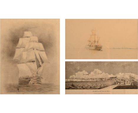 19th century English school A Ship of the Line at Anchor Watercolour 12 x 22cm Together with a Ship of the line pencil drawin
