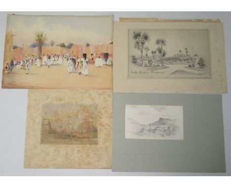 C K BIDEN The Native Town Watercolour Signed Inscribed to the back Together with three topographical drawings