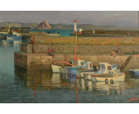 KEN SYMONDS Newlyn Harbour Oil on board Signed Mall Galleries label to the back Also a self portrait to the back 40 x 60cm (S