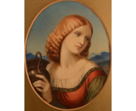 After an Old Master Woman before a landscape Watercolour 22 x 17cm oval