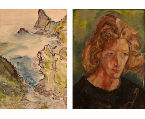 RAY AMBROSE Portrait Oil on board Together with a coastal watercolour by the same hand