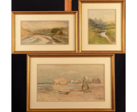 THOMAS SWIFT HUTTON Seaton Sluice Watercolour Signed 18 x 36.5cmTogether with two other watercolours by the same hand