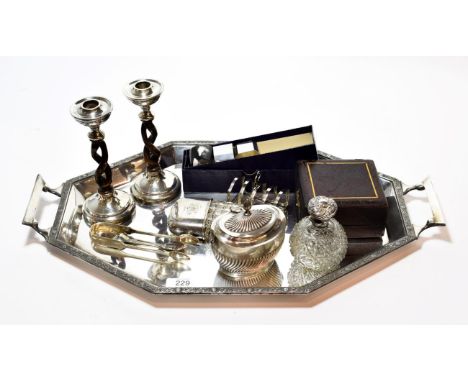 A collection of assorted silver and silver plate, including: an elongated plated octagonal tray, the border cased with Celtic