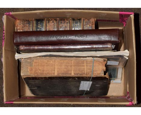 One box of assorted books including a bound collection of manuscript music; an interesting catalogue of musical instruments; 
