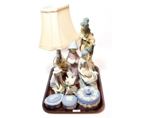 A Nao Japanese figural group; two further Nao figures; three lamps; Wedgwood Jasperware (9)