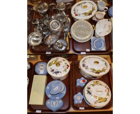 A quantity of silver plated wares; Royal Worcester Eavesham wares; Jasper wares; etc (four trays and a canteen)