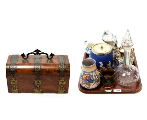 A Victorian walnut tea caddy together with a cut glass decanter,  Derby cup and saucer, Poole pottery vase and other various 