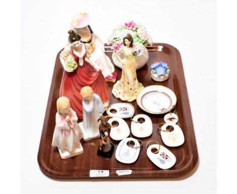 Six Royal Doulton figures ''Helen'', ''Kathleen'', ''The Jester'', ''Georgia'', ''Bedtime'', and ''Darling''; seven ceramic k