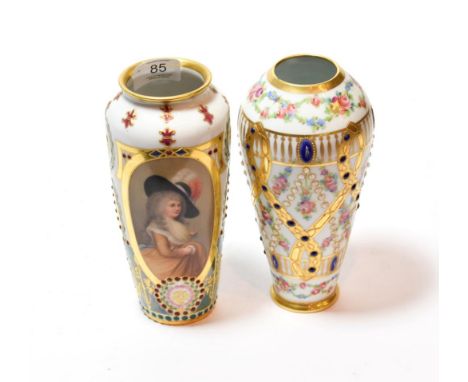 An Austrian Vienna cabinet vase, hand painted with portrait of the Duchess of Devonshire, elaborate borders, gilt embellished