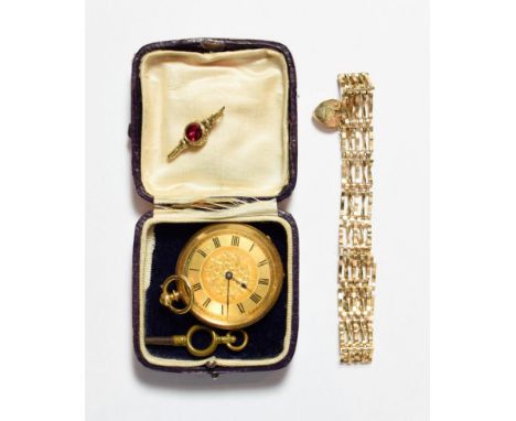A 9 carat gold gate link bracelet (a.f.), fob watch and two watch keys.  Bracelet - 5.74 grams 