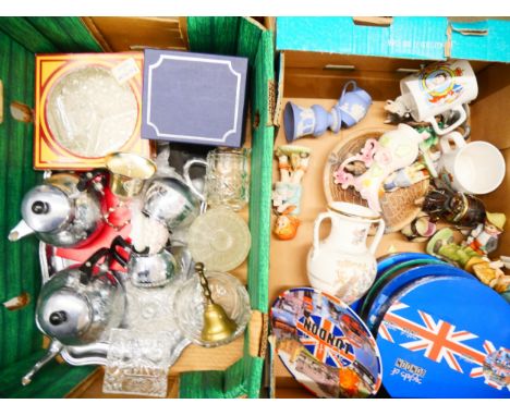 Five boxes of mixed glassware, a brass bell and mixed china including Hornsea Pottery, Seville pattern dinner service and muc