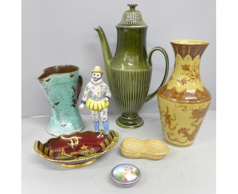 A Royal Doulton jug, a Carlton Ware lustre dish, a Carlton Ware coffee pot, a French faience figure, a trinket pot, etc.